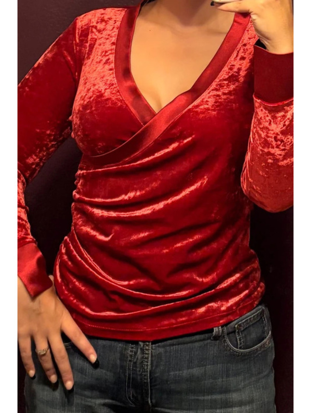 Bisou Bisou Red Velvety V Neck Cross Over Long Sleeve